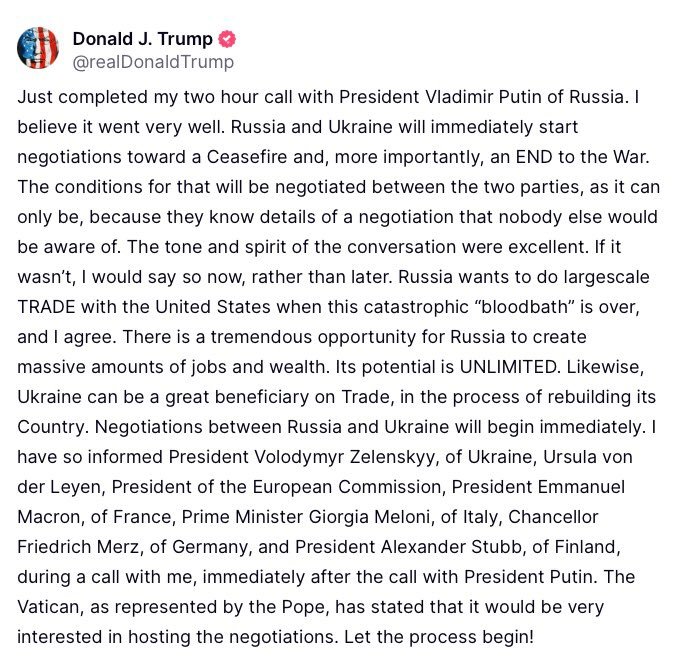 Trump Announces Start of Russia-Ukraine Ceasefire Talks, Cites "Unlimited" Trade Potential Post-War