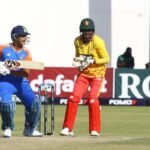 Indian cricketers celebrate during the opening T20I against Zimbabwe